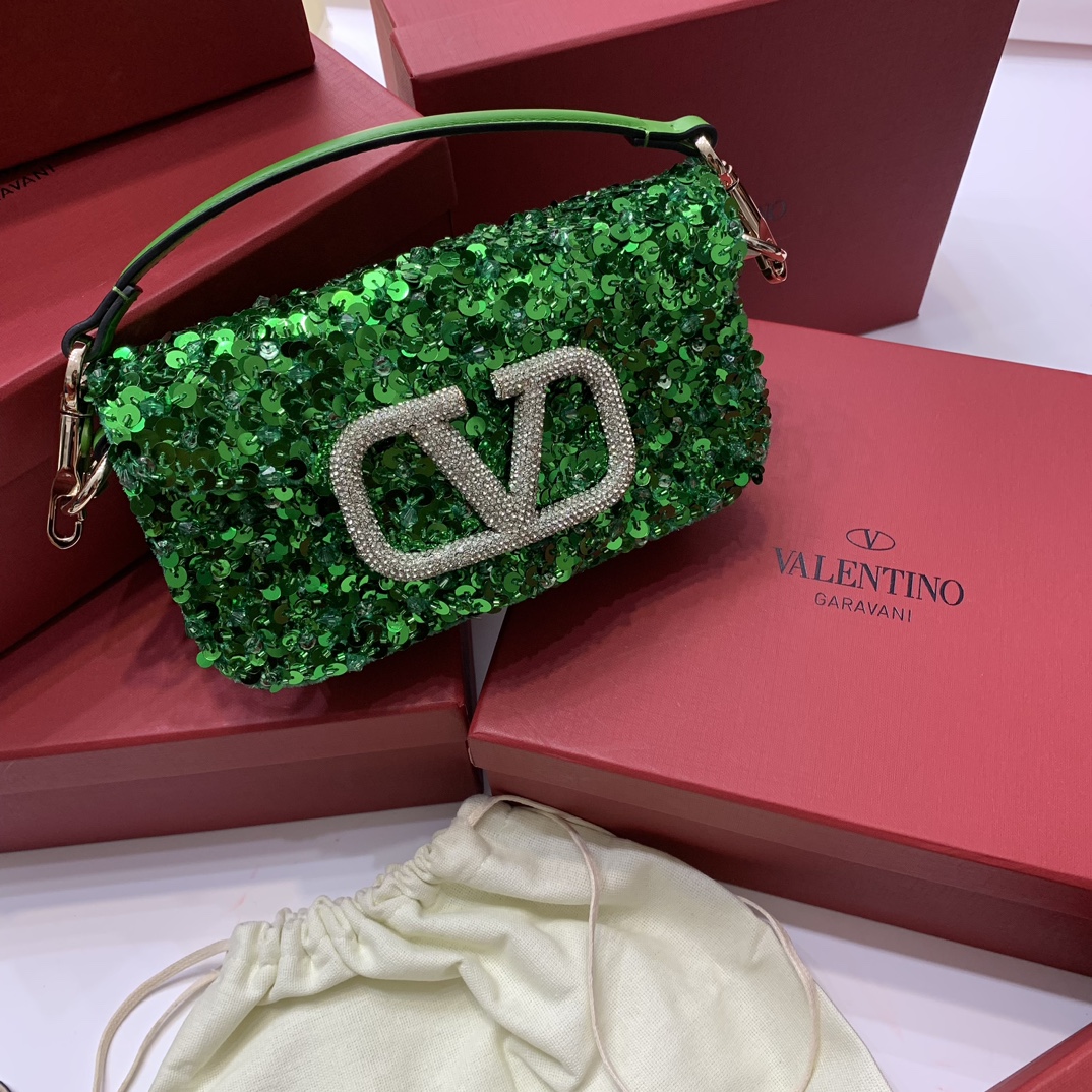 Valentino Garavani Loco Small Embroidered Shoulder Bag with Green Beaded Fringes